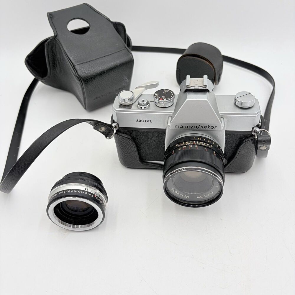 MAMIYA/SEKOR 500 DTL 35mm SLR Camera 50mm f2 Lens 2X Converter Case